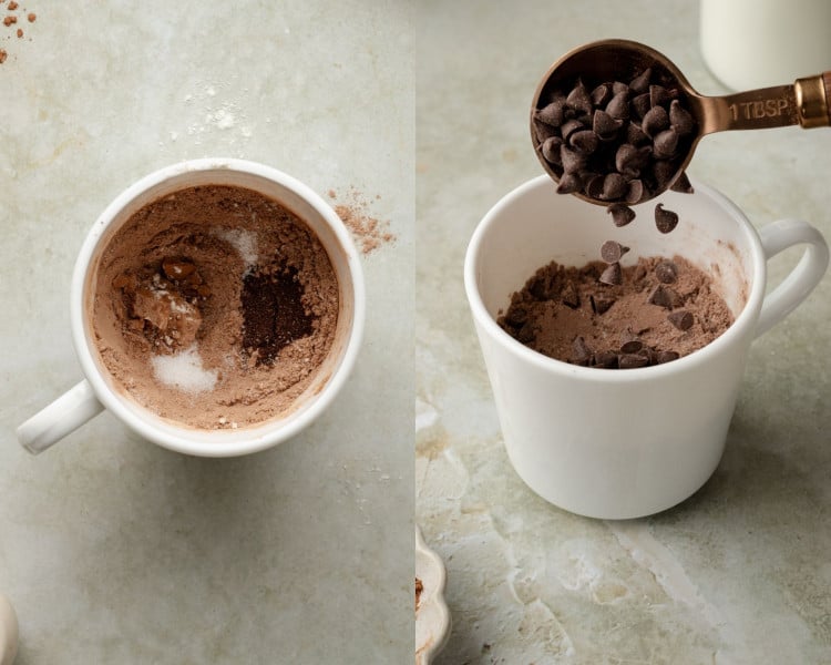 Two images showing the beginning steps of making chocolate cake in a mug. On the left, dry ingredients like cocoa powder, espresso powder, and sugar are in a white mug. On the right, a tablespoon of chocolate chips is being poured into another mug filled with the dry mixture.