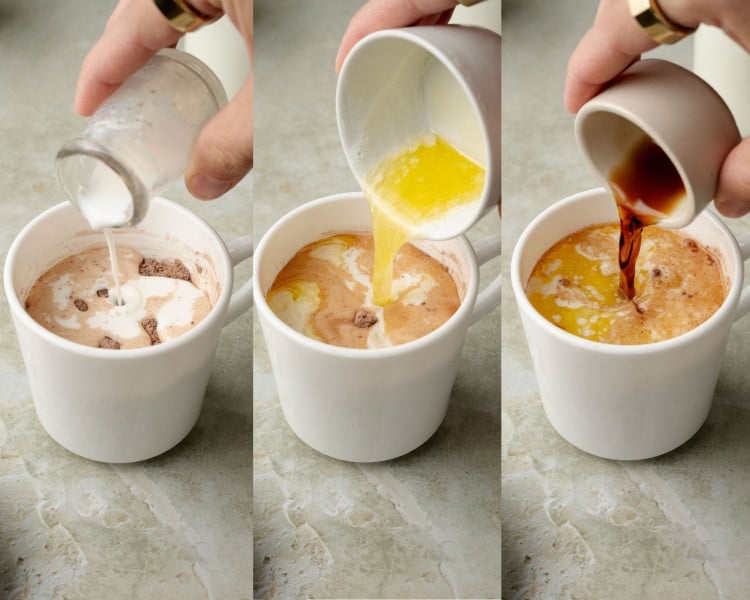 Three-panel image showing liquids being added to the chocolate cake batter. From left to right: pouring whole milk, then melted butter, then vanilla extract into the mug of dry ingredients.