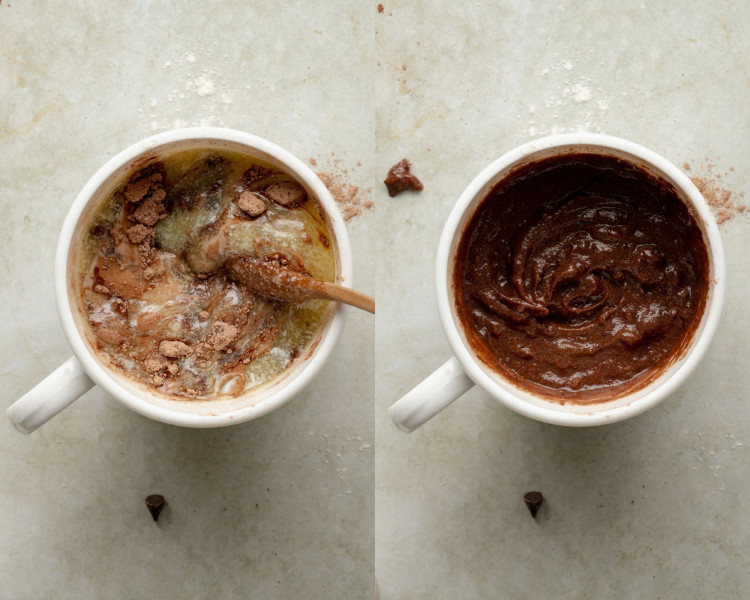 Two photos showing the mixing stage of chocolate cake in a single serve mug. On the left, a wooden spoon begins to stir the wet and dry ingredients. On the right, the batter is fully mixed into a smooth, rich chocolate batter inside the mug.