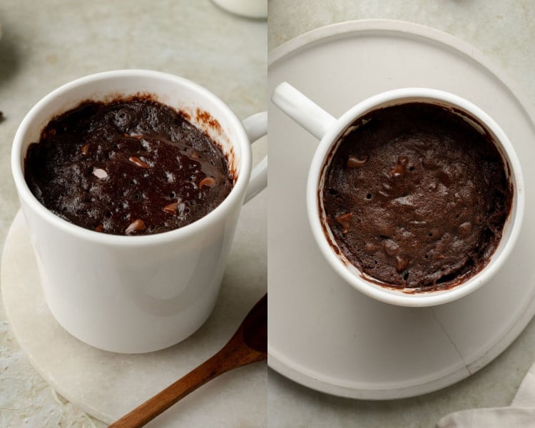 Two images of the mug cake after microwaving. The left mug cake is freshly cooked with visible melted chocolate chips on top, while the right shows a fully set chocolate cake in a single serve mug with a rich, cakey texture.
