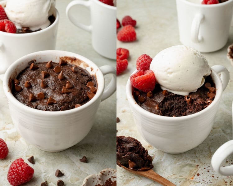 Two final presentation images. The left shows a finished chocolate cake in a single serve mug with chocolate chips on top. The right displays the cake topped with a scoop of vanilla ice cream and fresh raspberries, with a bite taken out.
