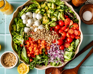 Salad ingredients added to large bowl on top of lettuce before being mixed.