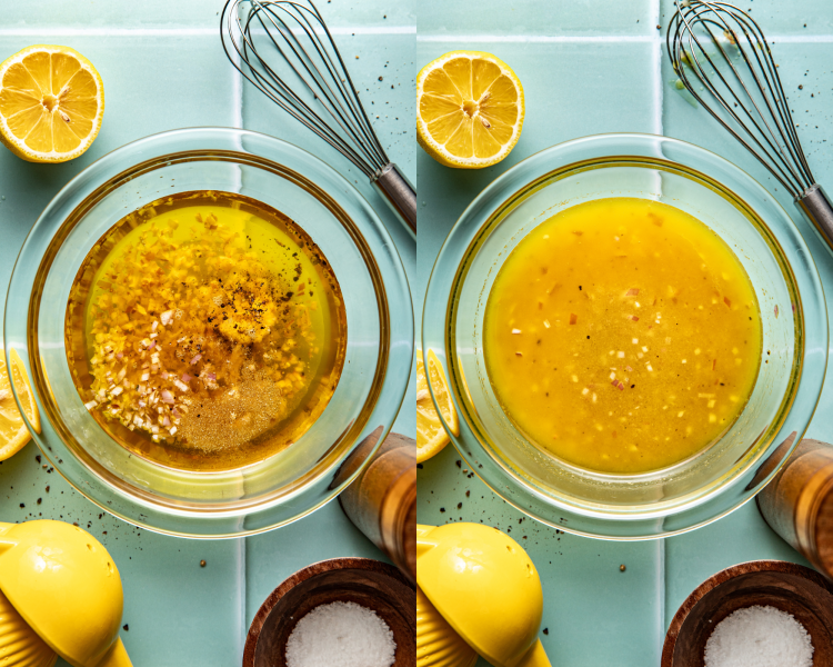 Side-by-side image of salad dressing ingredients in small bowl then whisked together.