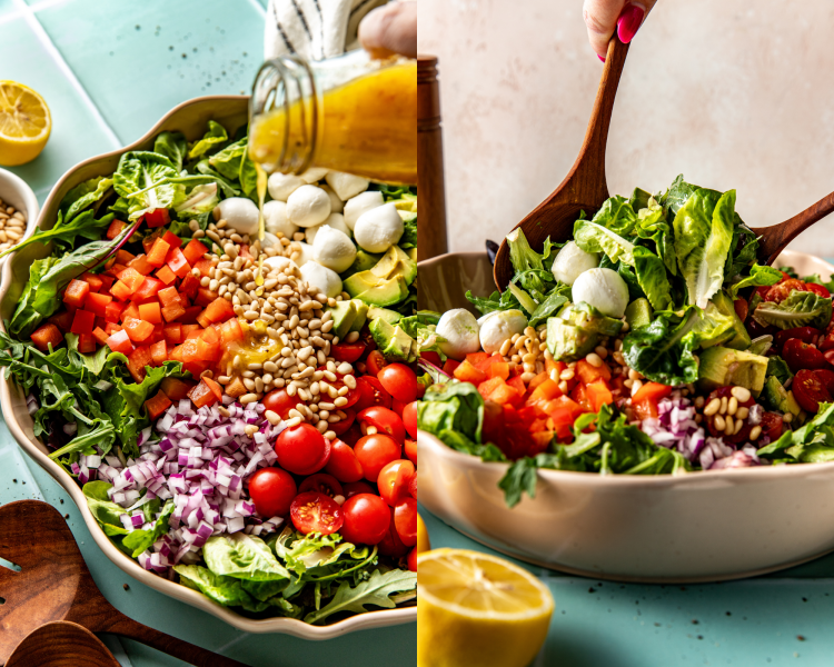 Side-by-side image of pouring dressing on top of salad then tossing together with two wood spoons.