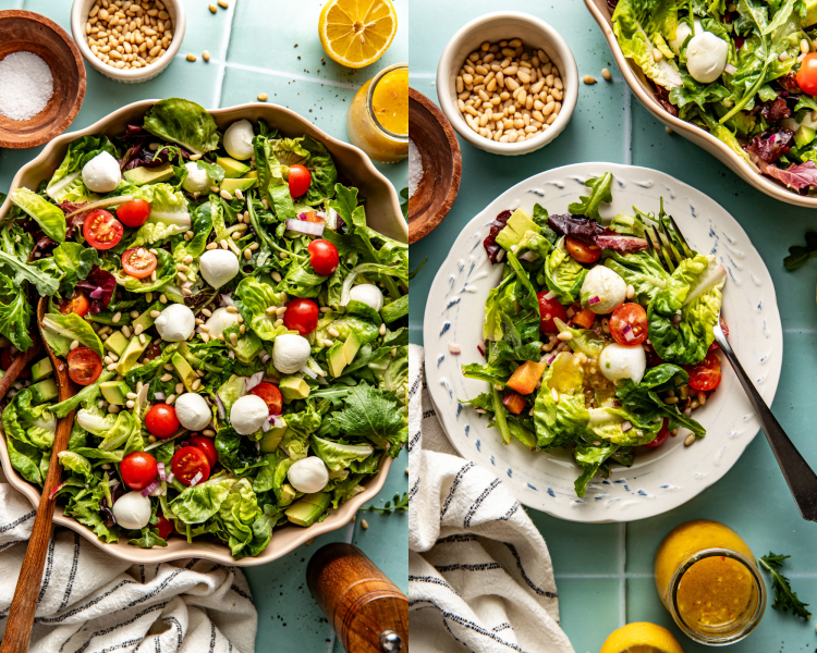Side-by-side image of salad mixed in large bowl and then plated on small plate with fork.