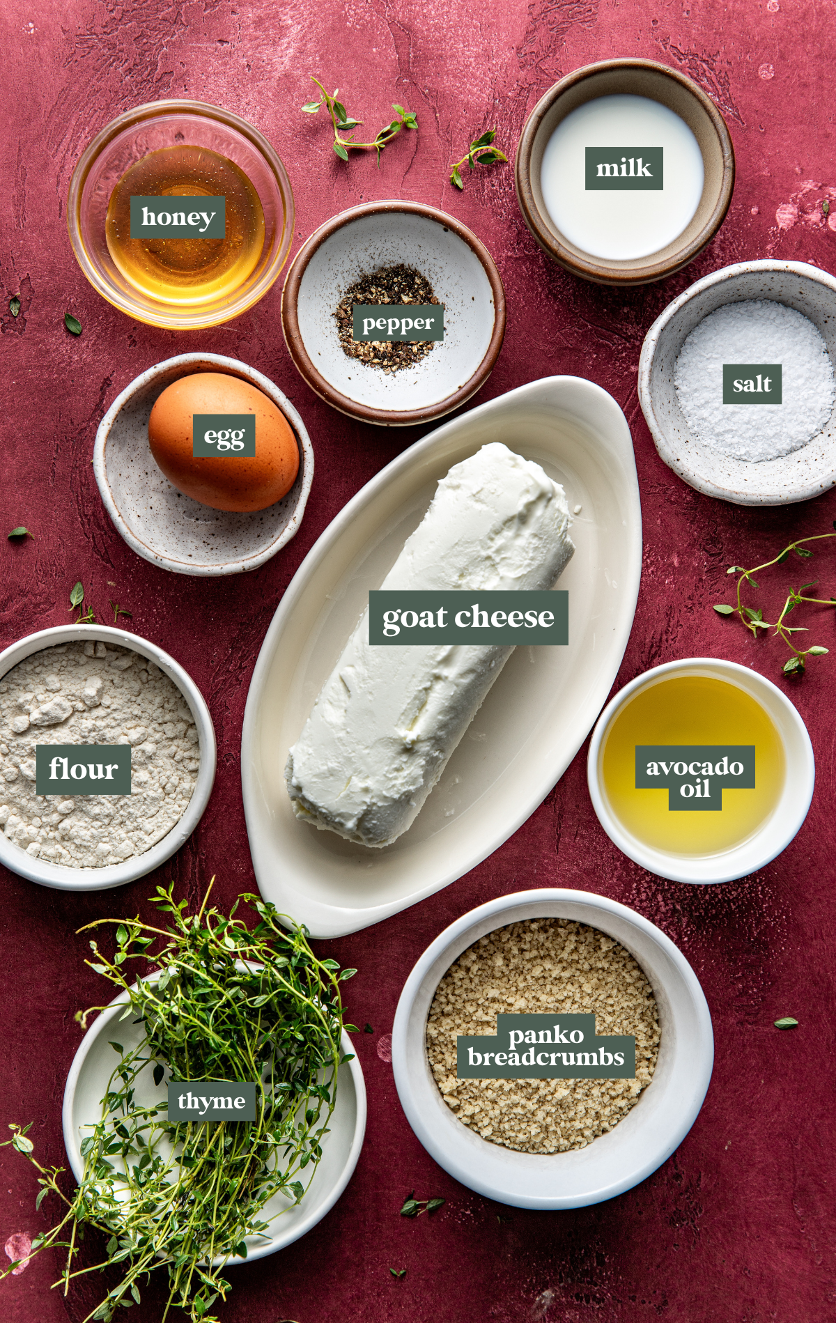 Labeled ingredients for fried goat cheese.