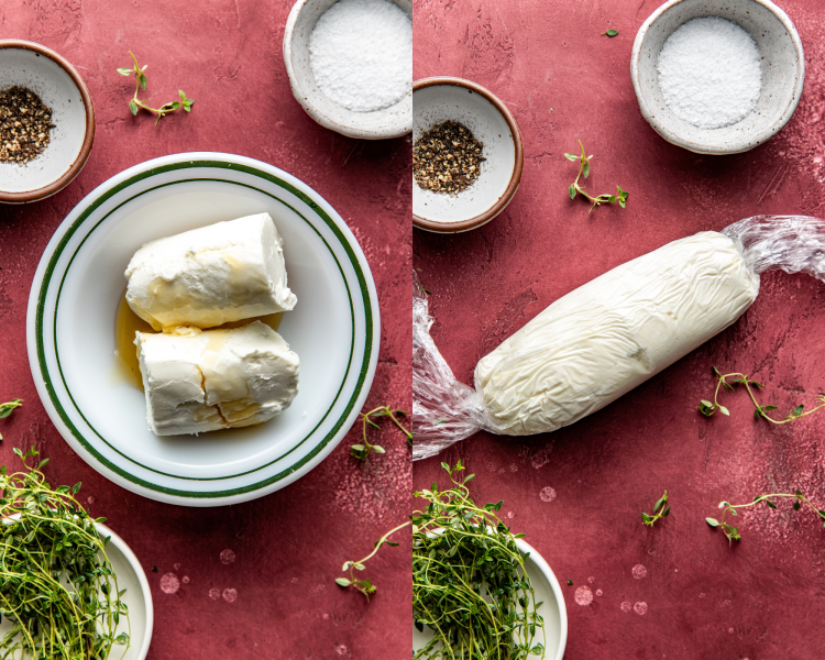Side-by-side image of honey and goat cheese in a bowl then rolled into a log in plastic wrap before placing in the freezer.