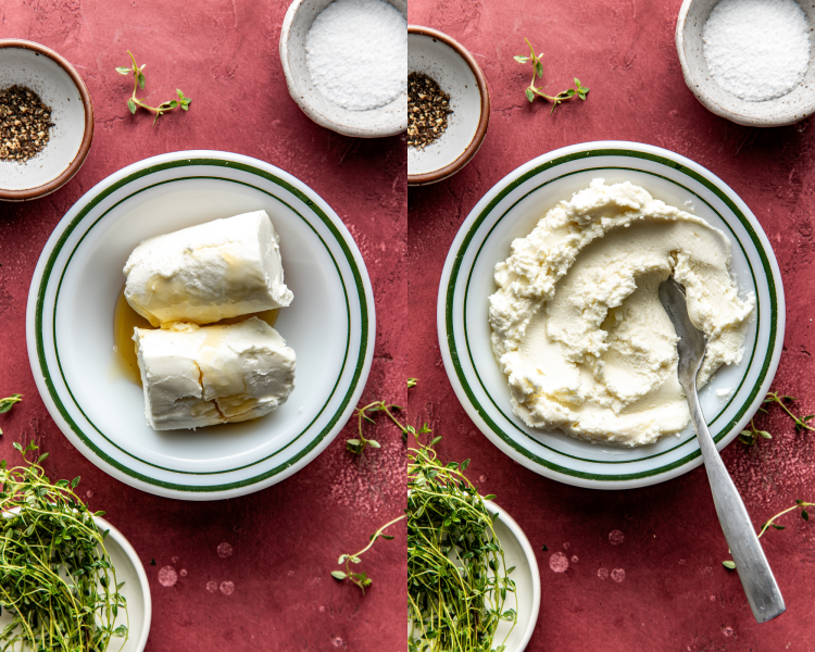 Side-by-side image of bowl with softened goat cheese and honey and image of goat cheese mixed together in small bowl with spoon.
