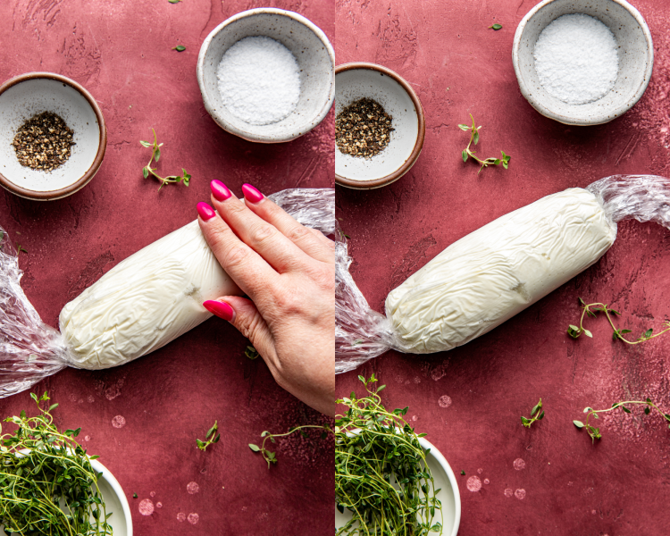 Side-by-side image of rolling softened goat cheese and honey mixture in plastic wrap.