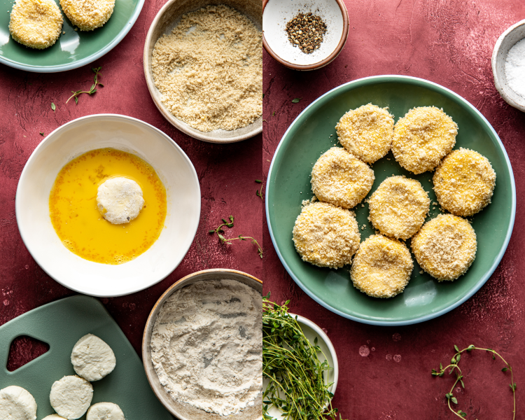 Side-by-side image of goat cheese medallion in egg wash and plate of breaded goat cheese medallions before frying.