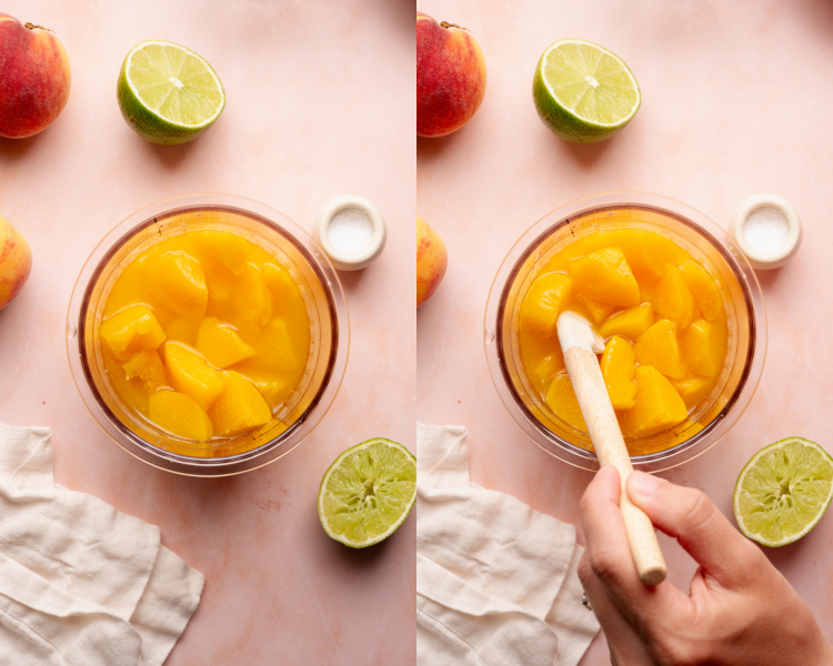 Side-by-side image of ingredients for peach sorbet in a ninja creami pint container and stirring with a spatula.
