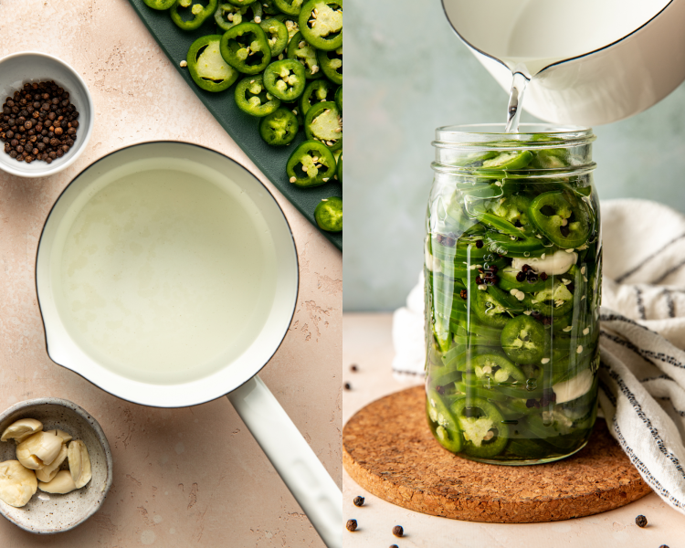 Side-by-side image of brine in small saucepan for pickled jalapenos and pouring bring over jalapenos and peppercorns in glass mason jar.
