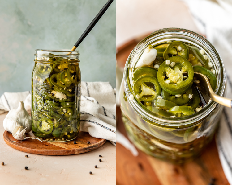 Side-by-side image of pickled jalapeno in jar with fork and fork lifting jalapeno out of jar for an upclose shot.