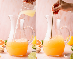 A two-panel image showing the process of making pitcher Palomas. On the left, lime juice is being poured into a pitcher with grapefruit juice. On the right, a hand stirs the mixture with a gold spoon, surrounded by citrus halves and a soft pink backdrop.