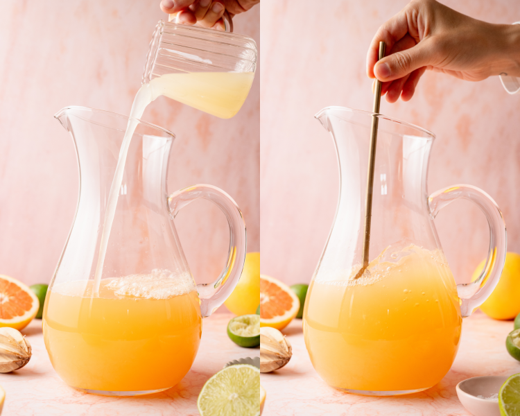 A two-panel image showing the process of making pitcher Palomas. On the left, lime juice is being poured into a pitcher with grapefruit juice. On the right, a hand stirs the mixture with a gold spoon, surrounded by citrus halves and a soft pink backdrop.