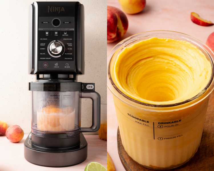 Side-by-side image on ninja creami machine and peach sorbet after running through the sorbet cycle.