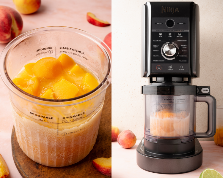 Side-by-side image of frozen peaches in ninja creami pint container and pint container assembled in ninja creami machine.