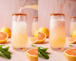 A two-step image showing a cocktail being poured. Left: grapefruit Paloma is being poured into a tall glass of ice. Right: the glass is nearly full with the fizzy drink. The scene is surrounded by halved grapefruits, lemons, and mint on a pink surface.