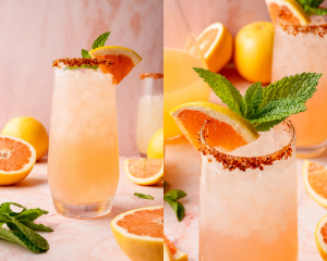 Two views of a finished Paloma cocktail. Left: a full glass garnished with grapefruit, lemon, and mint. Right: close-up of the garnish and chili-lime salt rim. Fresh citrus and a second cocktail are in the background