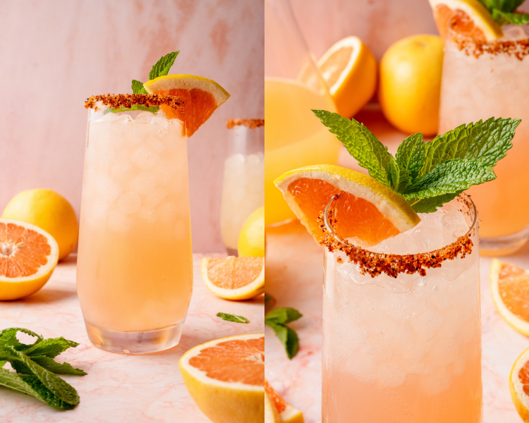 Two views of a finished Paloma cocktail. Left: a full glass garnished with grapefruit, lemon, and mint. Right: close-up of the garnish and chili-lime salt rim. Fresh citrus and a second cocktail are in the background
