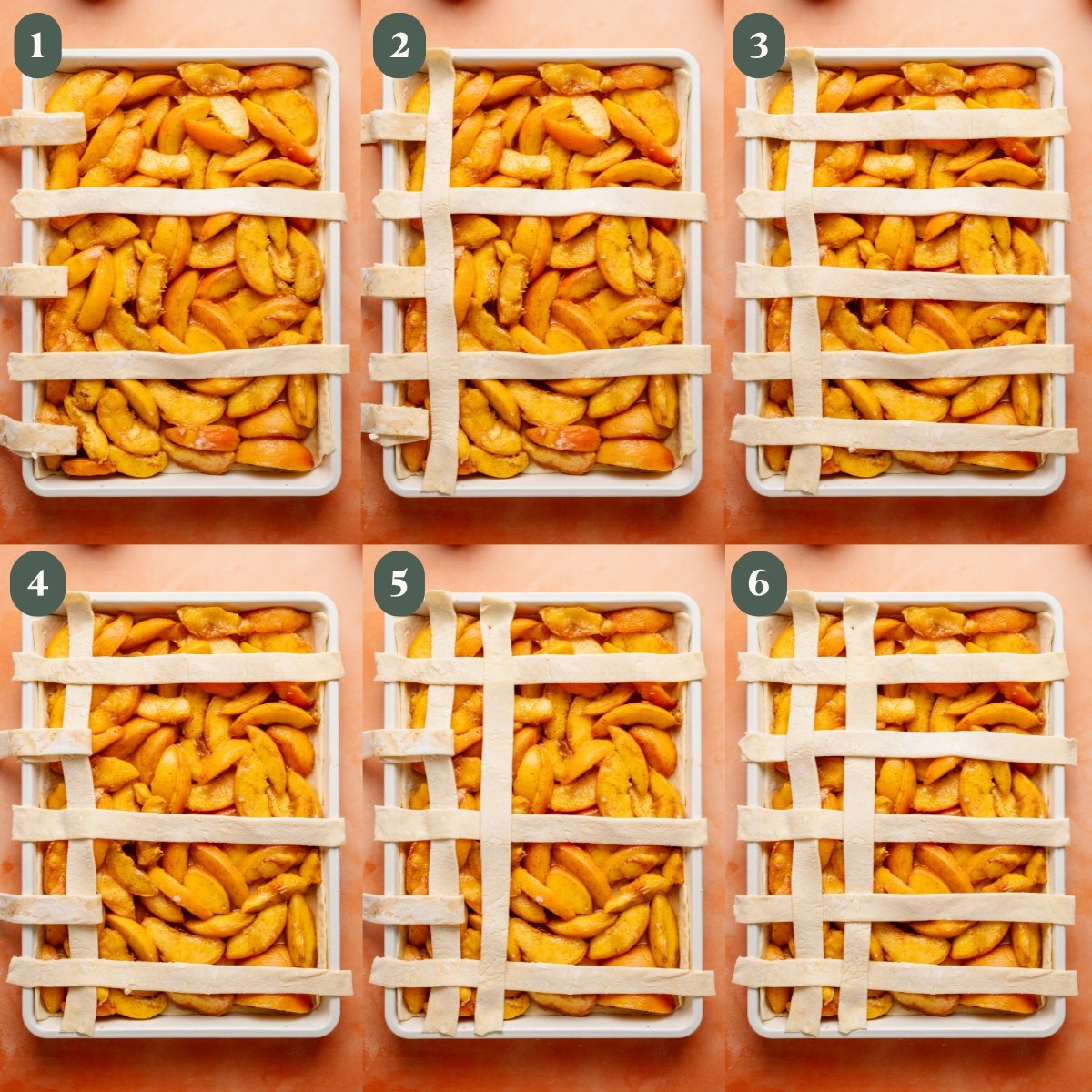 Step-by-step photo collage showing the beginning stages of making a lattice crust for peach slab pie. Each step is numbered 1 through 6. In Step 1, horizontal strips of puff pastry are laid across the top of the pie. In Steps 2–6, vertical strips are being woven in, one at a time, by folding back alternating horizontal strips to create the lattice pattern.