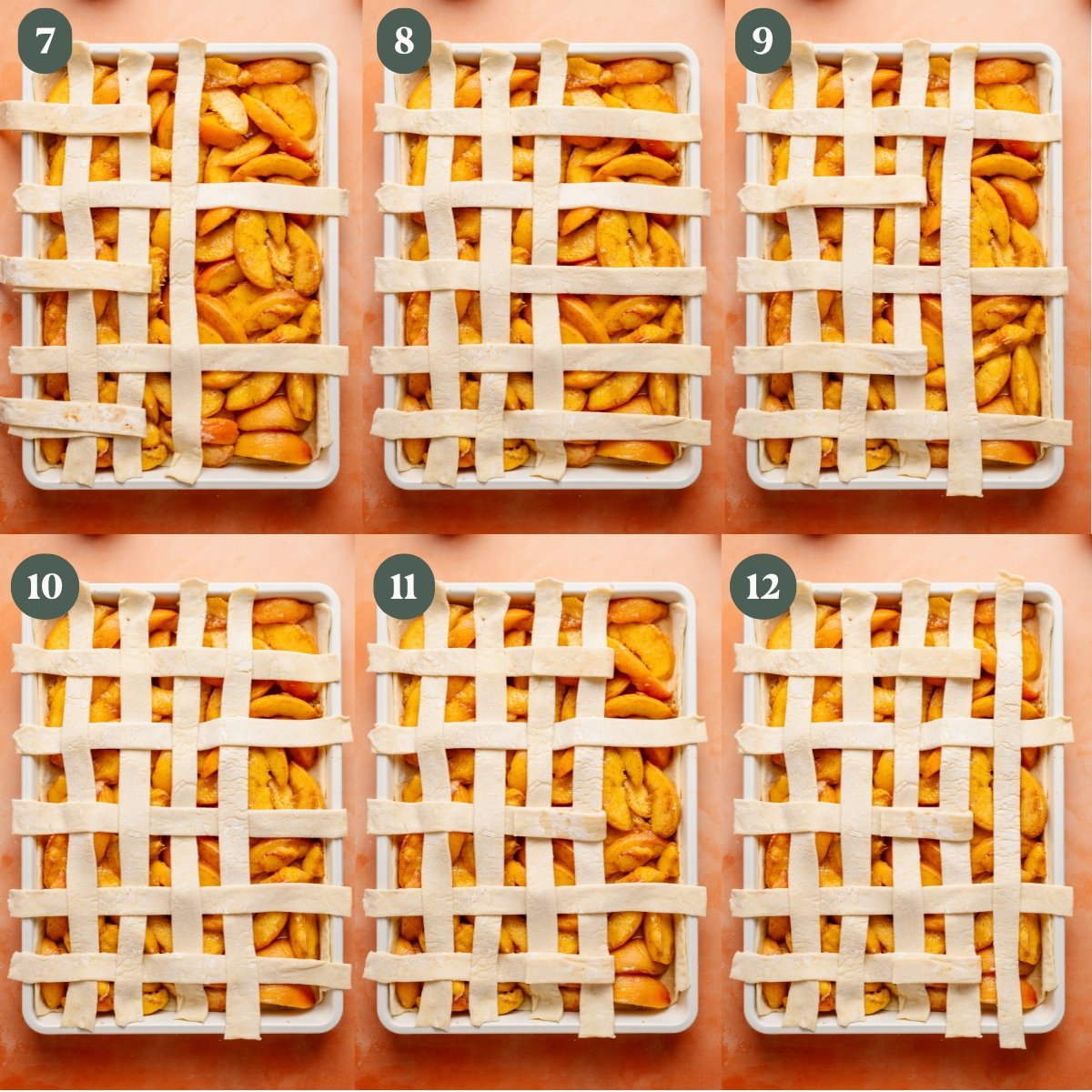 Second part of the lattice step-by-step collage, labeled Steps 7 through 12. The vertical and horizontal pastry strips are being interwoven, with alternating folds made to form a criss-cross pattern. By Step 12, most of the pan is covered in an even lattice design.