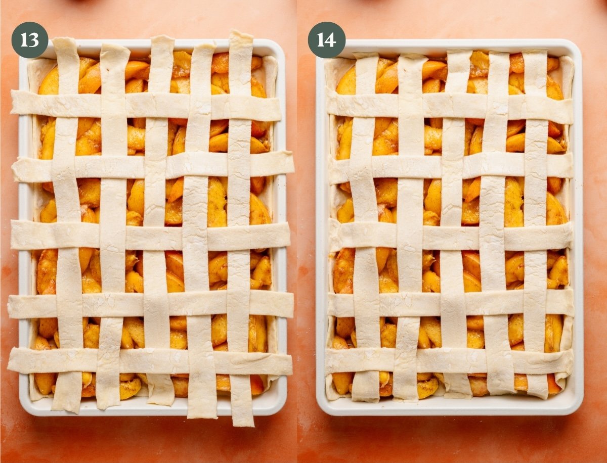 Final image in the lattice process series, labeled Steps 13 and 14. The puff pastry strips are now fully woven over the peach filling. The excess dough has been trimmed, and the edges are tucked or sealed neatly into the pan, completing the top crust design.