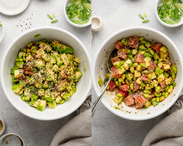 Side-by-side photo of adding all the toppings to ahi tuna bowls in a large bowl and mixing together with a spoon.