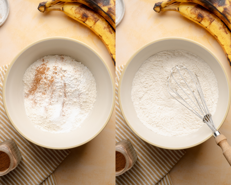 Side-by-side image of whisking dry ingredients together for banana chocolate chip muffins.