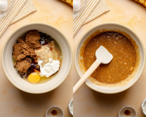Side-by-side image of mixing together wet ingredients for banana chocolate chip muffins.