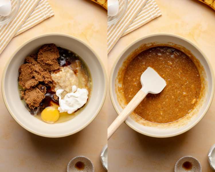 Side-by-side image of mixing together wet ingredients for banana chocolate chip muffins.