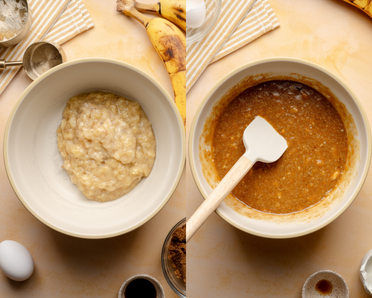 Side-by-side image of adding mashed banana to bowl then adding the rest of the wet ingredients.
