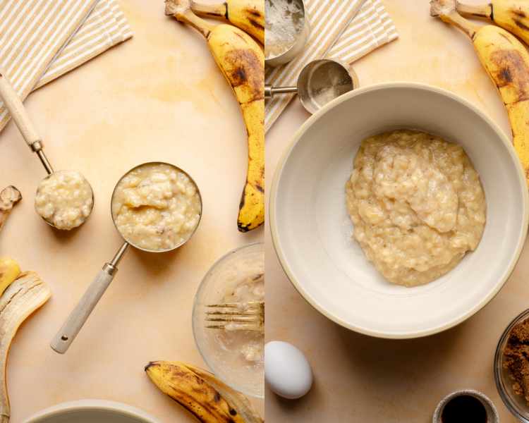 Side-by-side image of measuring mashed banana and adding to mixing bowl.