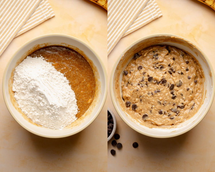Side-by-side image of combining wet and dry ingredients for banana muffins.
