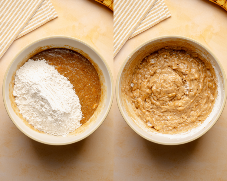 Side-by-side image of adding dry ingredients to wet and mixing until just combined.