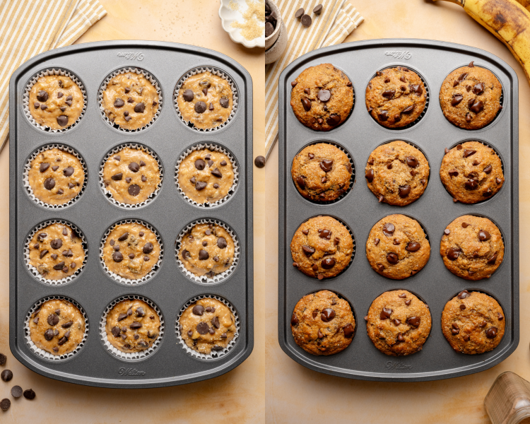 Side-by-side image of banana chocolate chip muffins poured into muffin tin then baked.