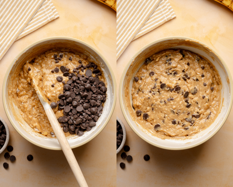 Side-by-side image of adding chocolate chips to banana muffin batter and mixing until combined.