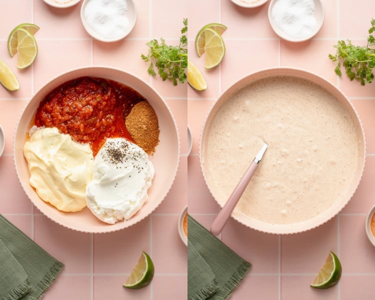 Side-by-side images showing ingredients for the dressing in a pink bowl on the left—including mayonnaise, Greek yogurt, salsa, taco seasoning, salt, and pepper—and the fully mixed creamy dressing on the right with a pink-handled spoon resting inside the bowl.