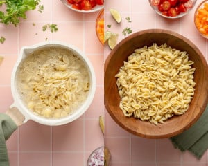 Side-by-side images showing pasta being boiled in a white pot on the left, and fully cooked shell pasta drained and placed in a large wooden bowl on the right, surrounded by small bowls of taco pasta salad ingredients.