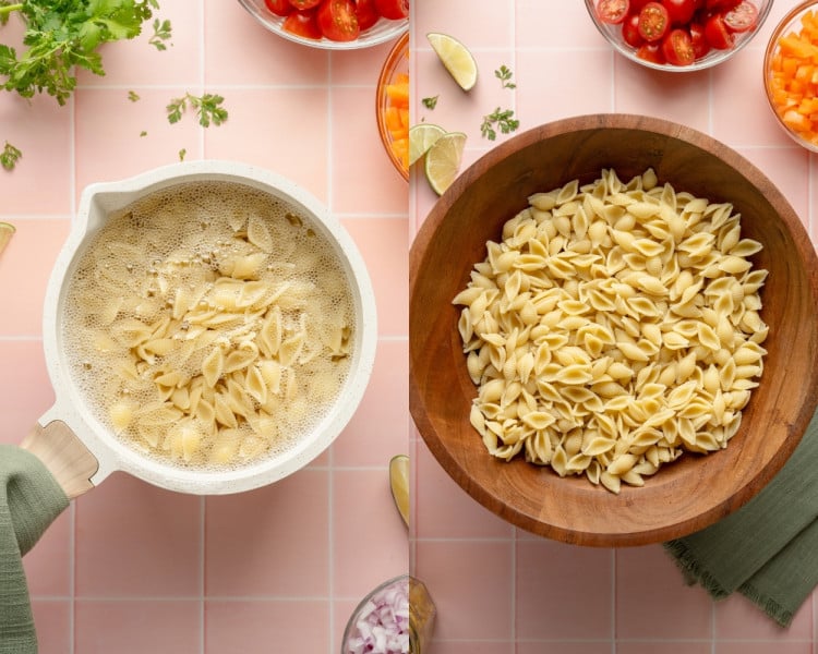 Side-by-side images showing pasta being boiled in a white pot on the left, and fully cooked shell pasta drained and placed in a large wooden bowl on the right, surrounded by small bowls of taco pasta salad ingredients.