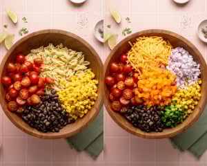 Side-by-side overhead images showing the layering of salad ingredients in a wooden bowl. Left image includes pasta, corn, black beans, and halved cherry tomatoes. Right image adds shredded cheese, diced red onion, orange bell pepper, and jalapeño to complete the colorful mix.