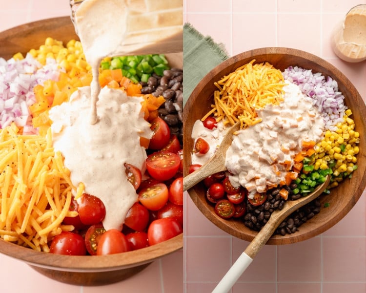 Side-by-side images showing creamy taco dressing being poured over the pasta salad ingredients in a large wooden bowl. The second image shows the dressing sitting on top before mixing, with wooden serving utensils placed inside.