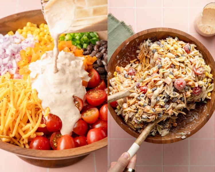 A two-step visual showing the creamy taco pasta salad being assembled. On the left, creamy taco dressing is poured over a colorful mix of salad ingredients including shredded cheddar, corn, cherry tomatoes, black beans, red onion, diced orange bell pepper, and jalapeño. On the right, the ingredients are fully mixed together in a large wooden bowl, with pasta shells coated evenly in the creamy dressing, showing pops of color from the vegetables and beans.