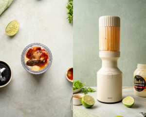 Side-by-side image of adding chipotle mayo ingredients to a blender and blending until smooth.