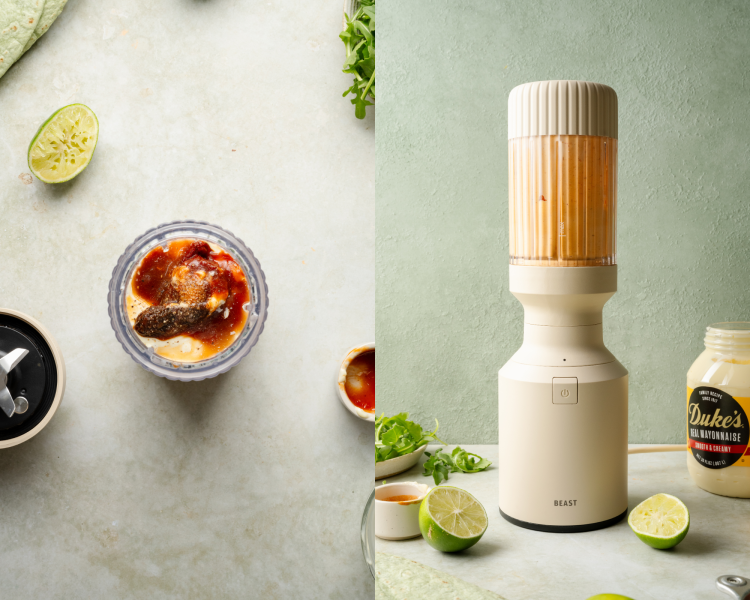 Side-by-side image of adding chipotle mayo ingredients to a blender and blending until smooth.