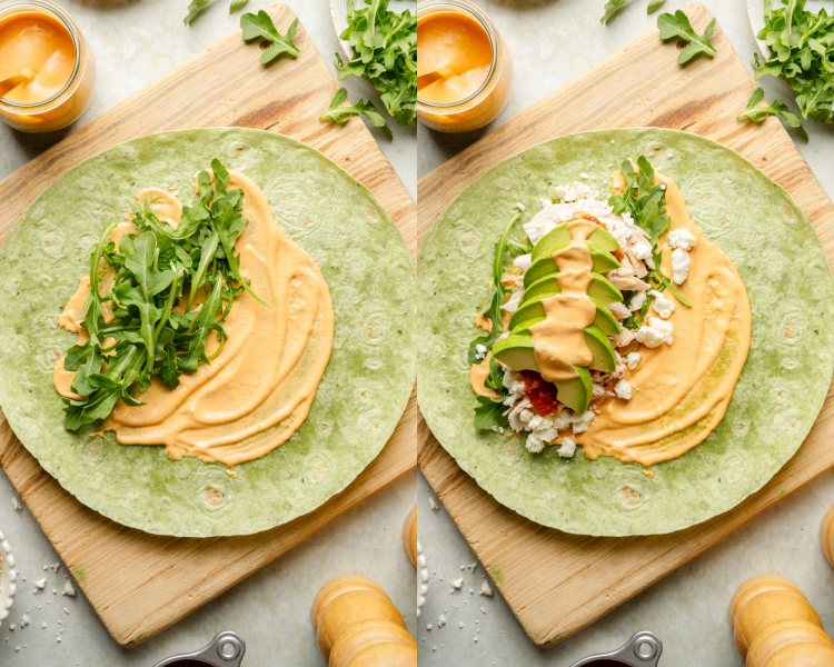 Side-by-side image of adding chipotle mayo and arugula and then adding the rest of the wrap ingredients before rolling up.