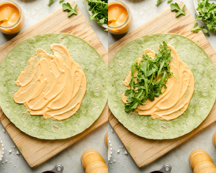 Side-by-side image of adding chipotle mayo to wrap then adding arugula on top.
