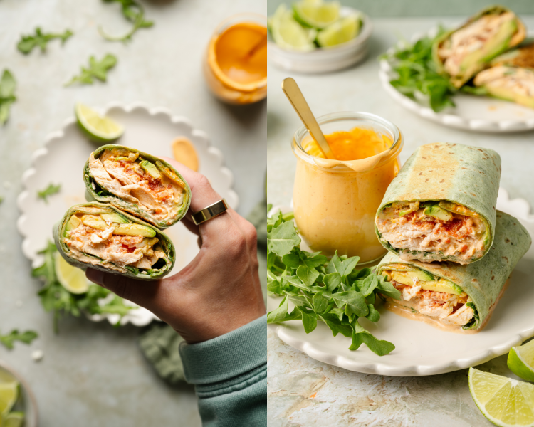 Side-by-side image of chipotle chicken wrap cut in half and held in hand and both halves of a wrap on white plate with jar of chipotle mayo on plate garnished with arugula.