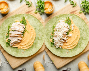 Side-by-side image of adding chicken and feta cheese to chicken wraps.