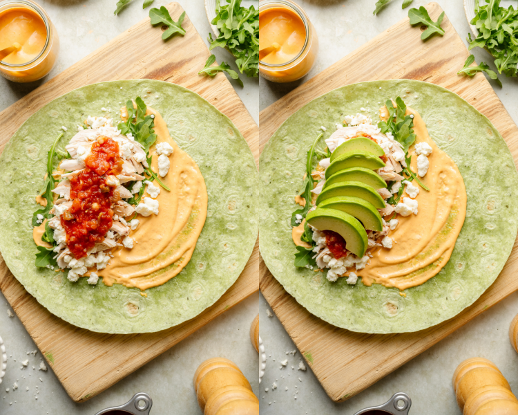 Side-by-side image of adding salsa and avocado to chipotle chicken wraps.